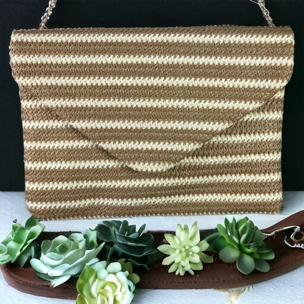 Urban Expressions Tan White Woven Crossbody Shoulder Bag Chain Strap